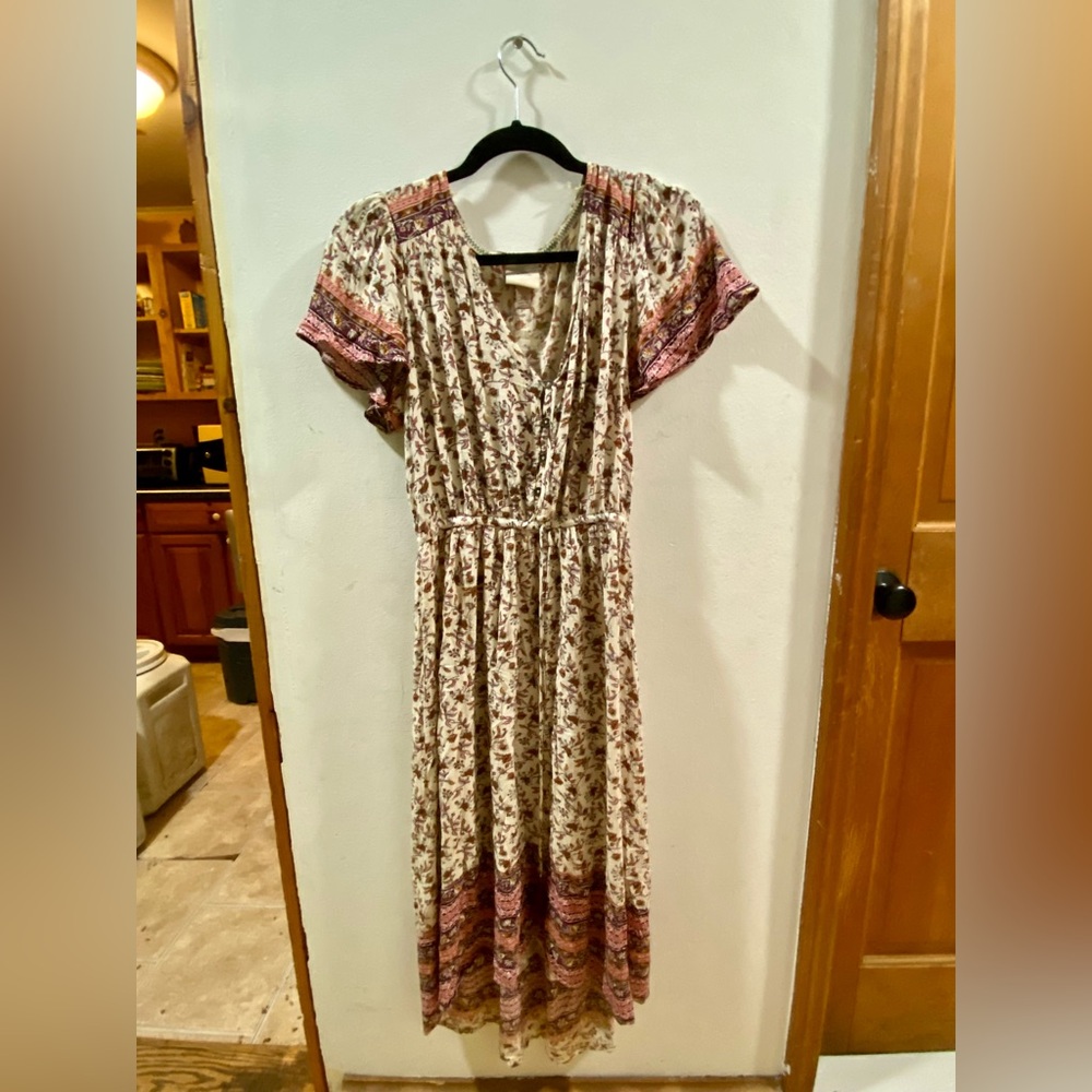 Knox Rose Boho Floral Midi Dress Peasant Cottagecore Festival Cream XS